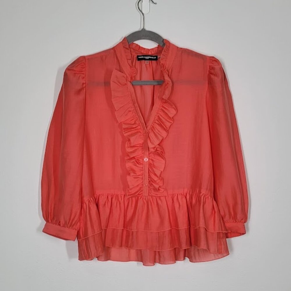 KARL LAGERFELD PARIS split-neck ruffled top Sz S - Picture 7 of 8
